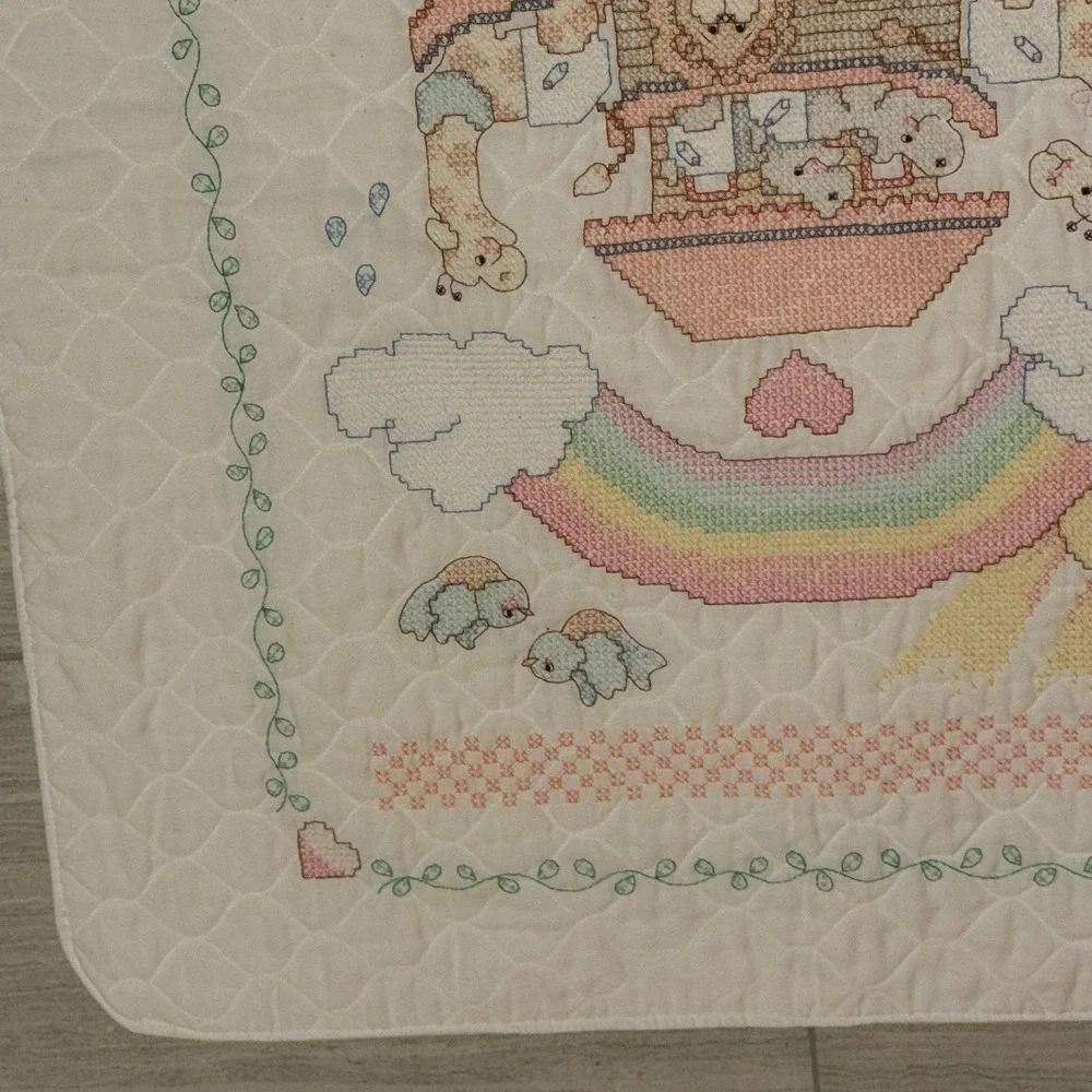 VTG 1993 Bucilla Noahs Ark Cross Stitch Baby Crib Quilt 64003 Handmade 31x40
